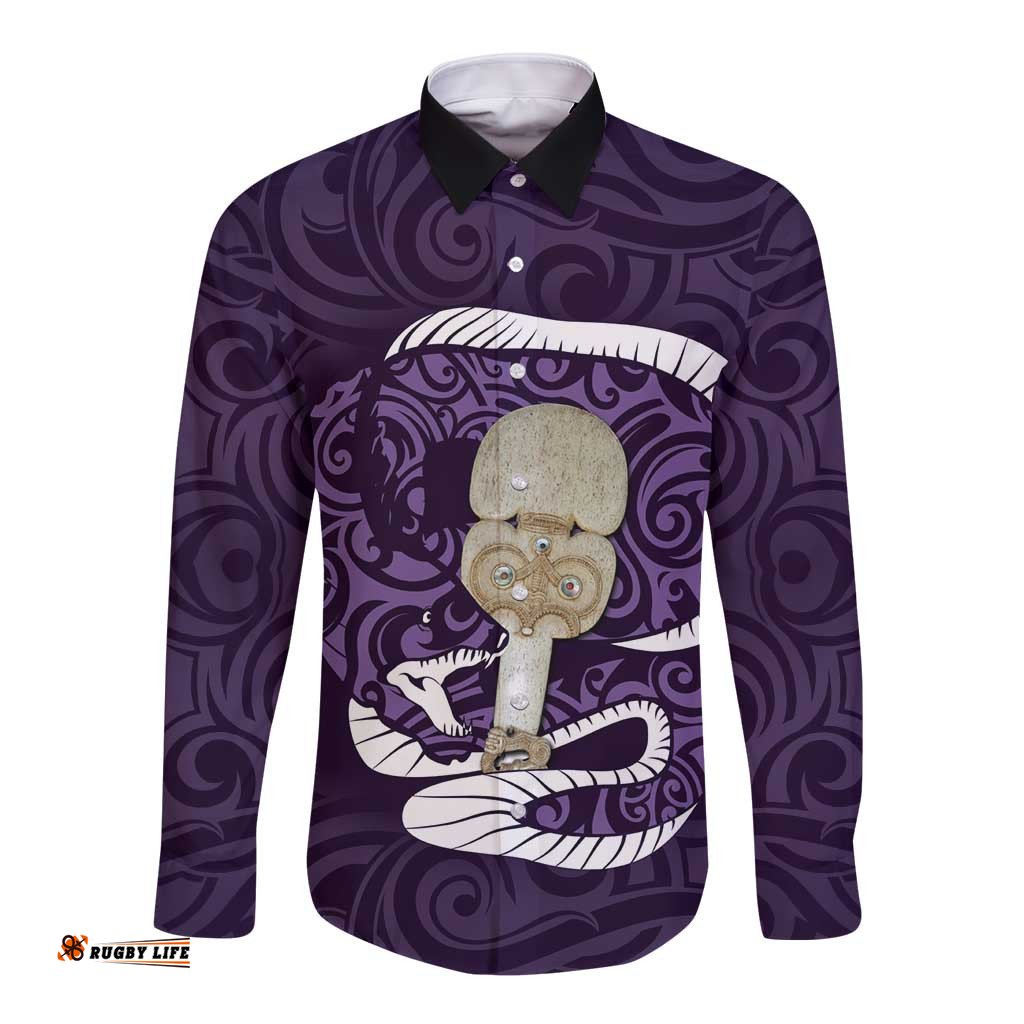 Purple New Zealand Eel Long Sleeve Button Shirt Aotearoa Maori Tuna With Kotiate Weapon