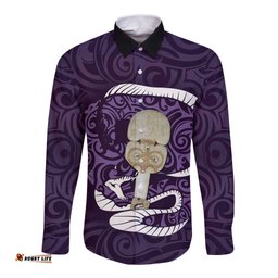 Purple New Zealand Eel Long Sleeve Button Shirt Aotearoa Maori Tuna With Kotiate Weapon