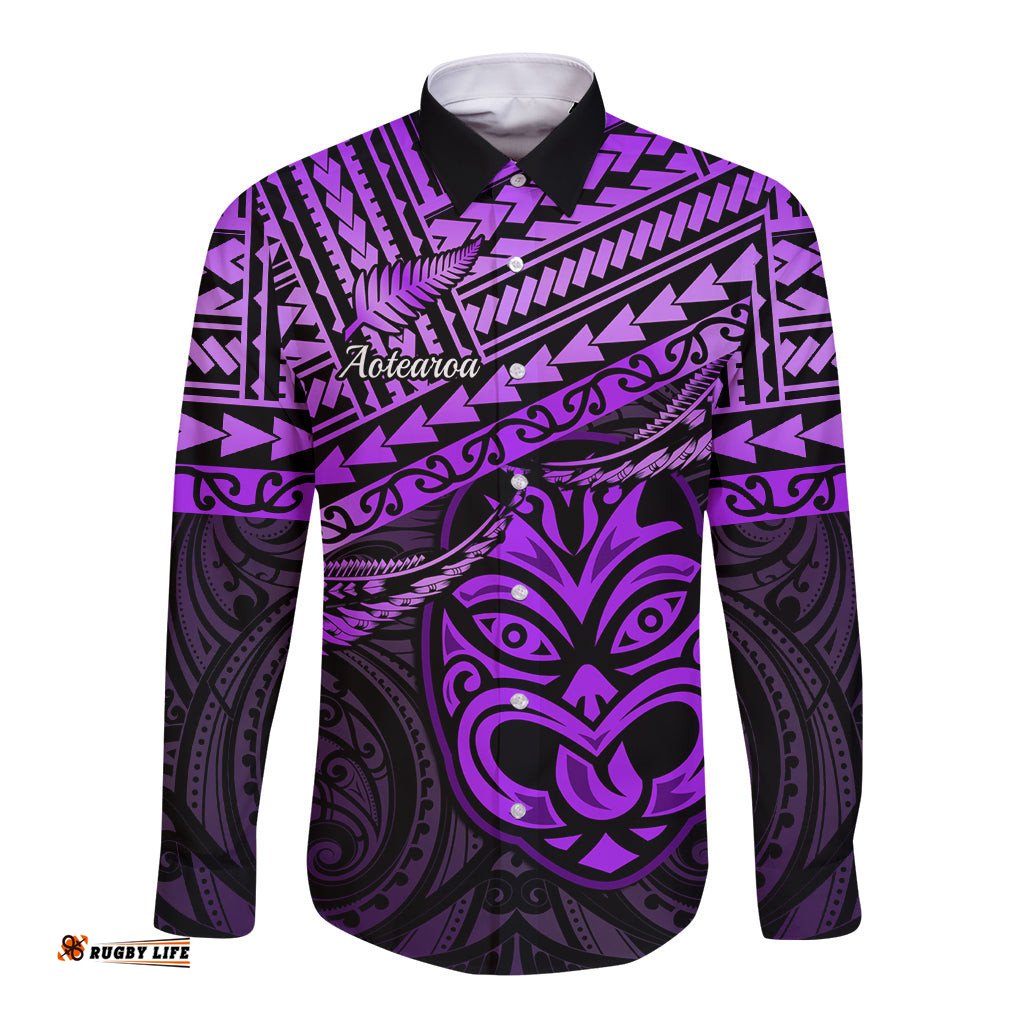 Personalised Matariki New Zealand Long Sleeve Button Shirt Maori New Year Tiki Purple Version
