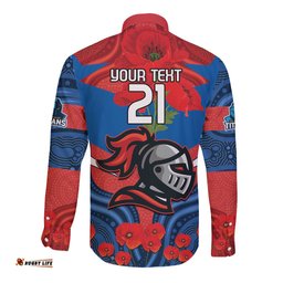 Custom Knights Rugby ANZAC Long Sleeve Button Shirt Novocastrians Gallipoli Soldier With Aboriginal Art