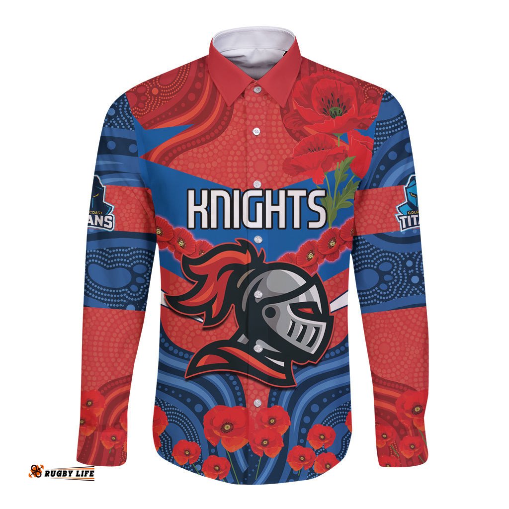 Custom Knights Rugby ANZAC Long Sleeve Button Shirt Novocastrians Gallipoli Soldier With Aboriginal Art