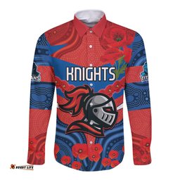 Custom Knights Rugby ANZAC Long Sleeve Button Shirt Novocastrians Gallipoli Soldier With Aboriginal Art