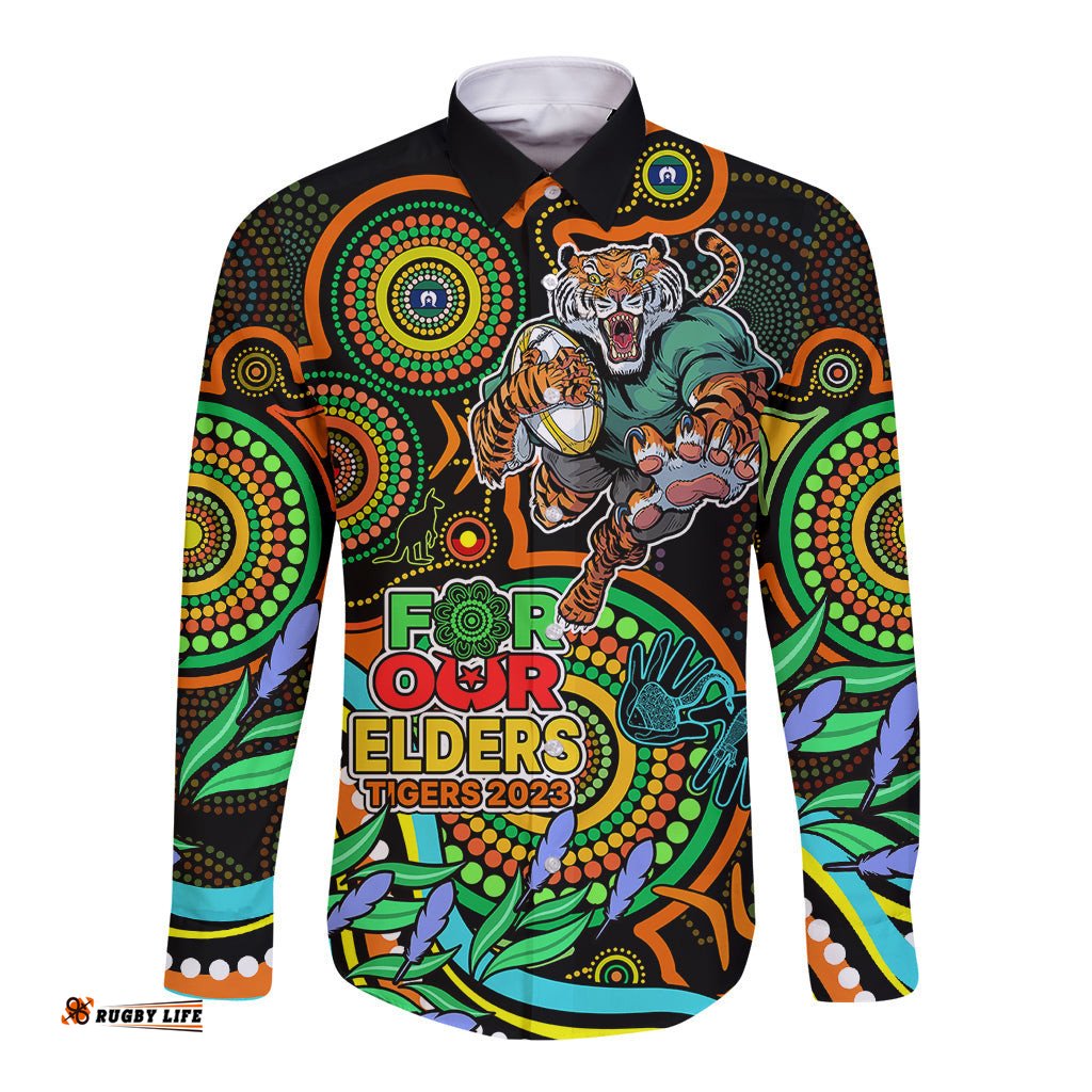 Tigers Rugby Aboriginal Art Long Sleeve Button Shirt NAIDOC Indigenous Tribal