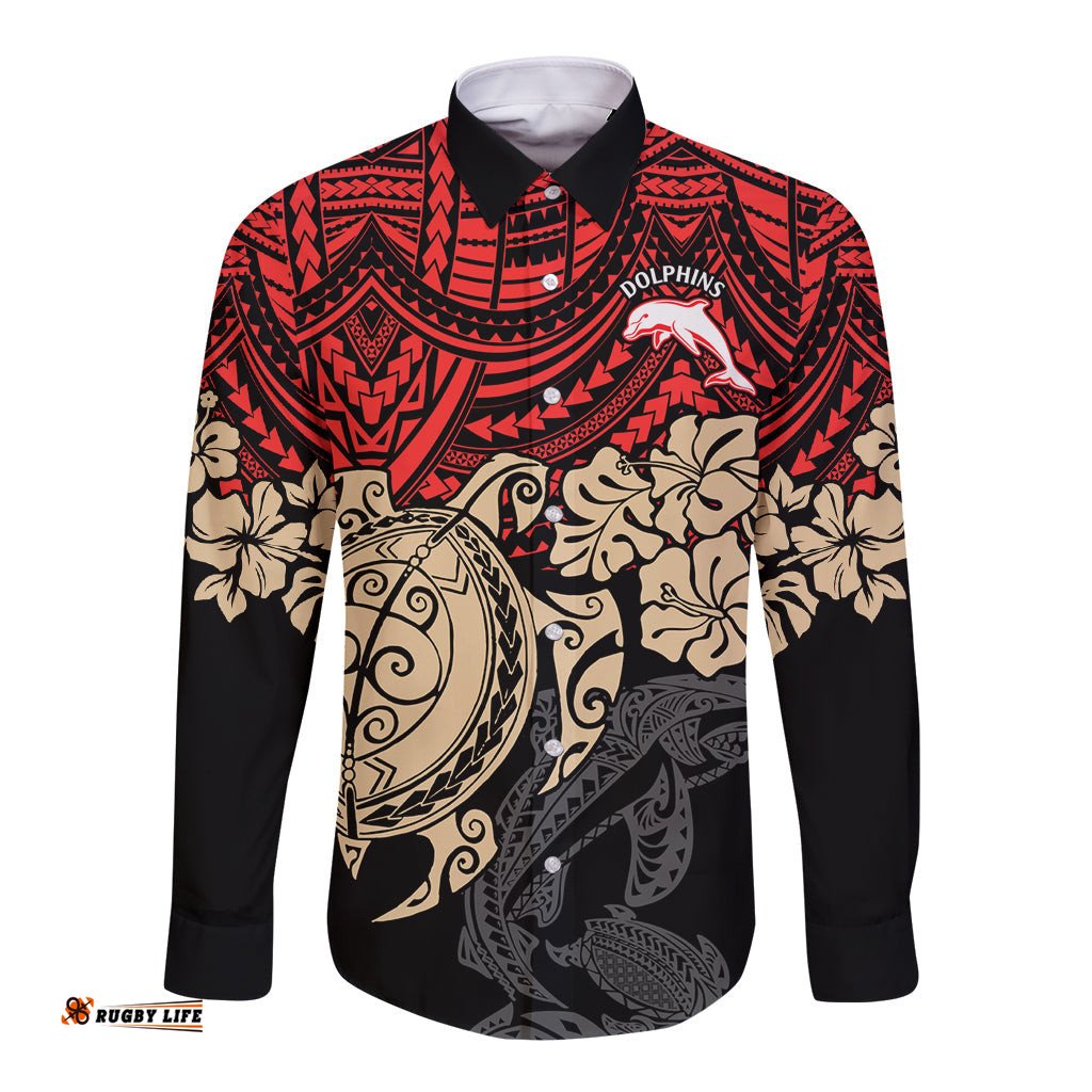 Custom Dolphins Rugby Long Sleeve Button Shirt Reddy Hibiscus and Turtle With Polynesian Pattern