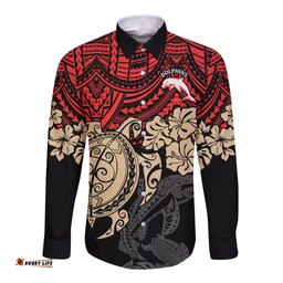 Custom Dolphins Rugby Long Sleeve Button Shirt Reddy Hibiscus and Turtle With Polynesian Pattern