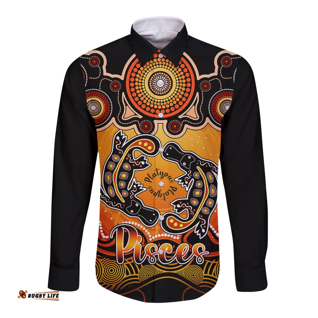 Personalised Australia Pisces Platypus Zodiac Long Sleeve Button Shirt Auz Astrology Aboriginal Red