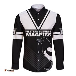Western Suburbs Magpies Rugby Long Sleeve Button Shirt Simple Style