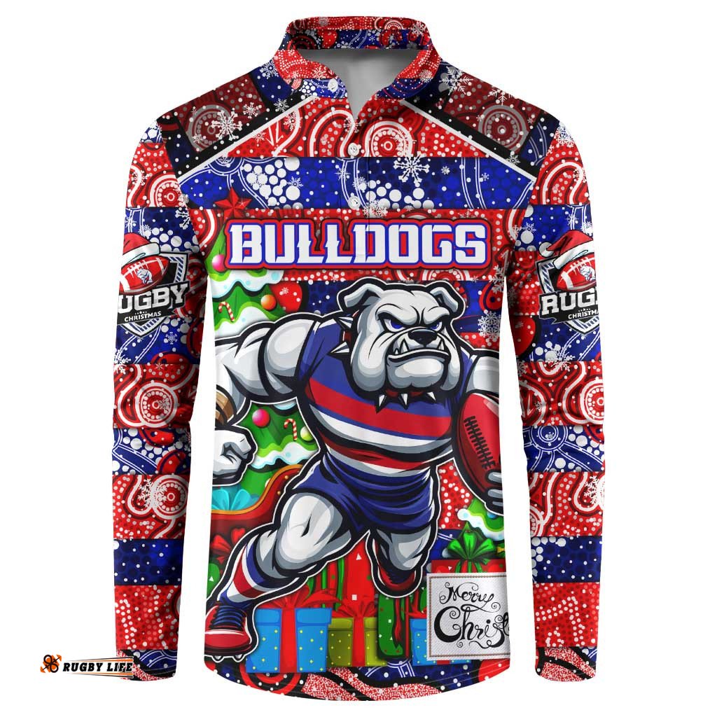 Custom Bulldogs Football Merry Christmas Button Sweatshirt Indigenous Australian Art