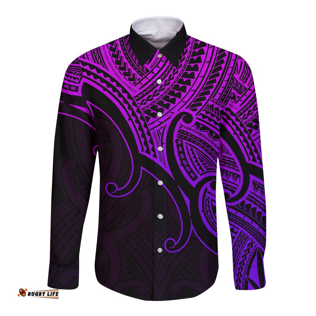 Aotearoa Maori Koru Long Sleeve Button Shirt Polynesian Pacific Tribal Purple