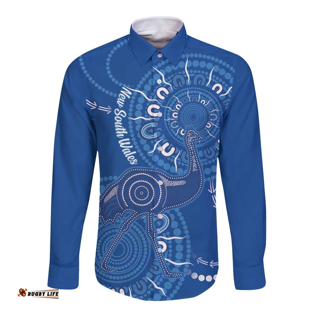 Australia New South Wales Long Sleeve Button Shirt Aussie Emu With Aboriginal Art