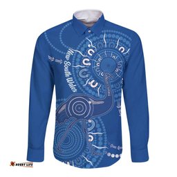 Australia New South Wales Long Sleeve Button Shirt Aussie Emu With Aboriginal Art
