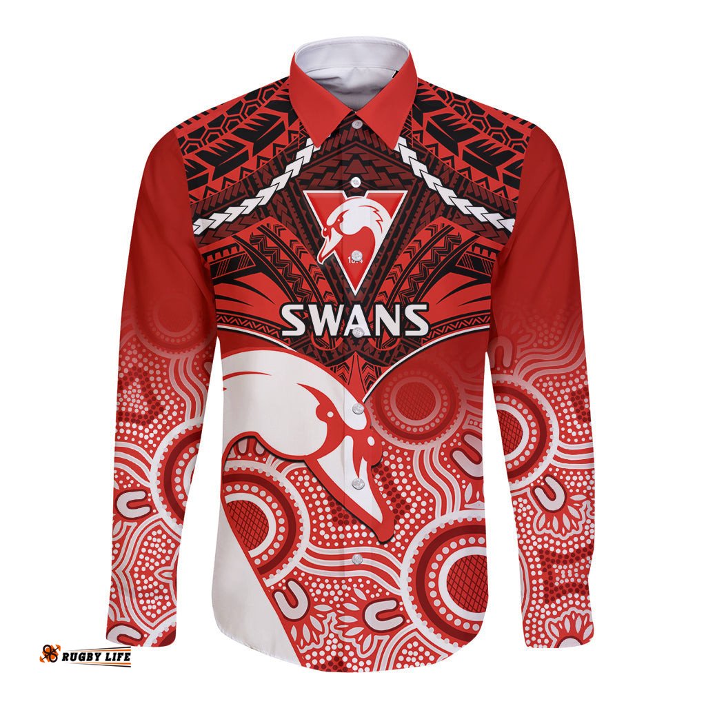 Personalised Sydney Swans Football Long Sleeve Button Shirt Go Swannies Aboriginal Mix Polynesian Pattern