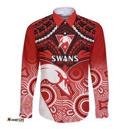 Personalised Sydney Swans Football Long Sleeve Button Shirt Go Swannies Aboriginal Mix Polynesian Pattern