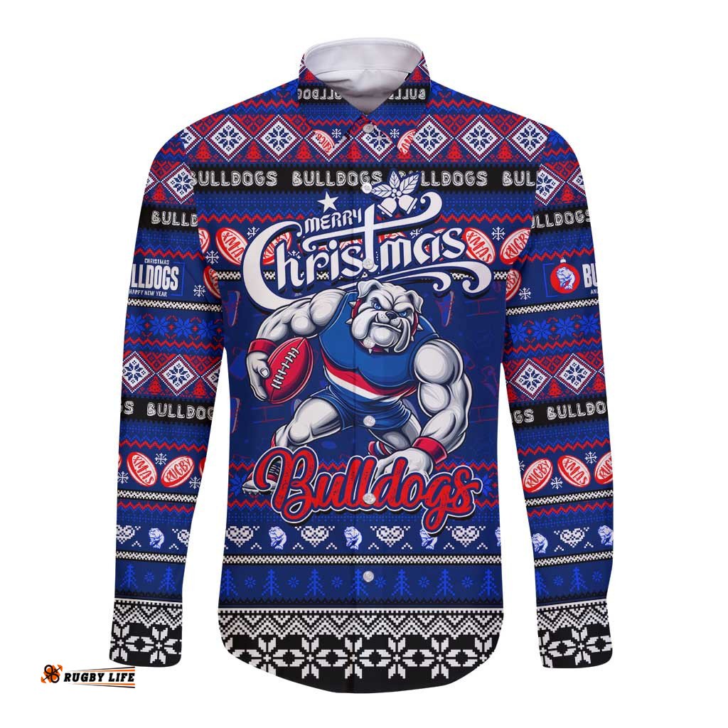 Personalized Bulldogs Football Xmas Long Sleeve Button Shirt Australia AFL Mascot
