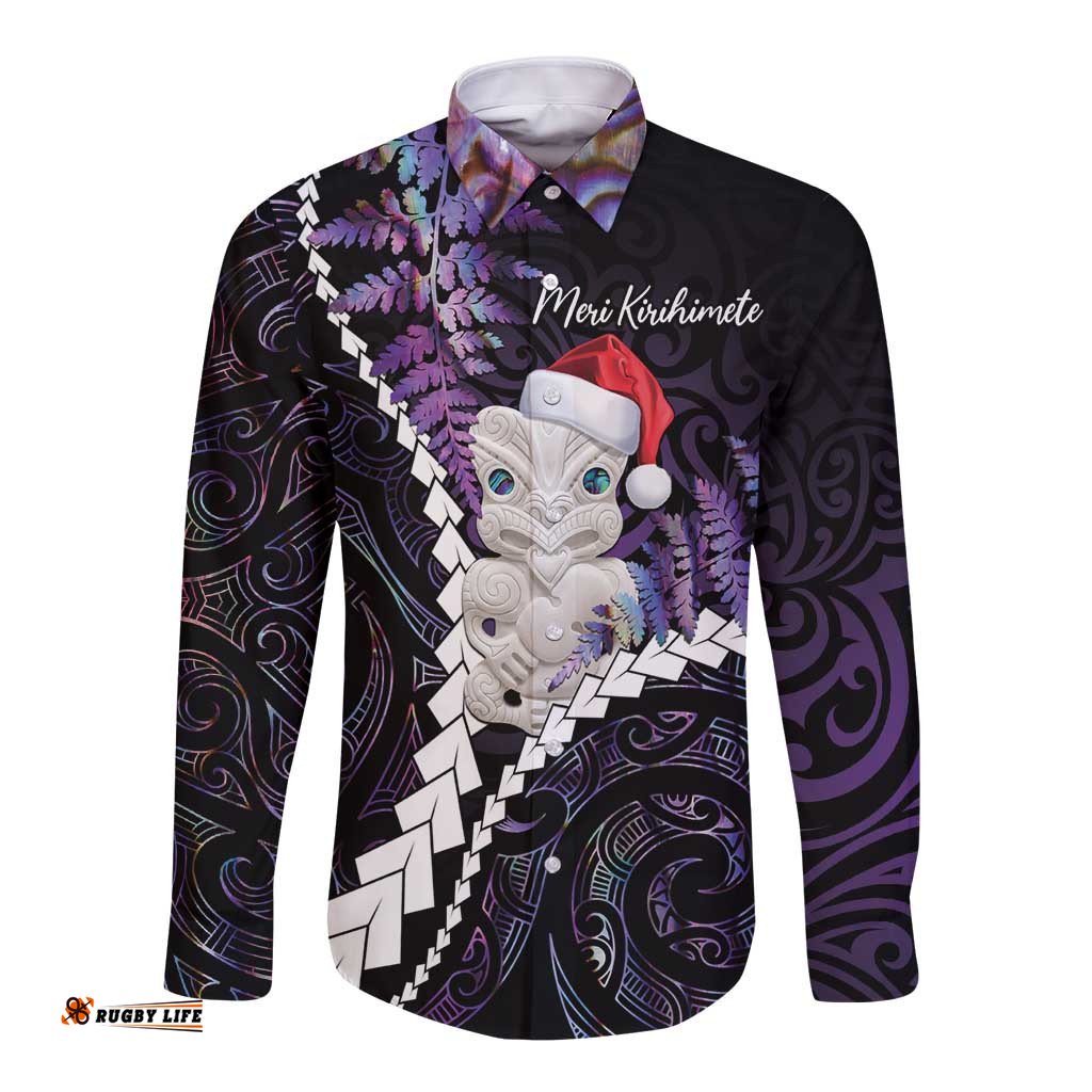 New Zealand Personalised Long Sleeve Button Shirt Meri Kirihimete Kowhaiwhai Mix Paua Shell - Amethys