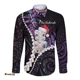 New Zealand Personalised Long Sleeve Button Shirt Meri Kirihimete Kowhaiwhai Mix Paua Shell - Amethys