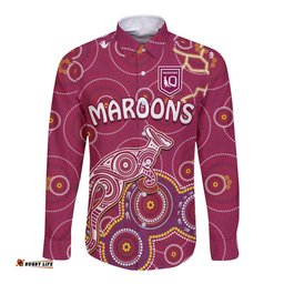 Custom Text And Number Maroons Rugby Long Sleeve Button Shirt Kangaroo Indigenous Pattern Unique Version