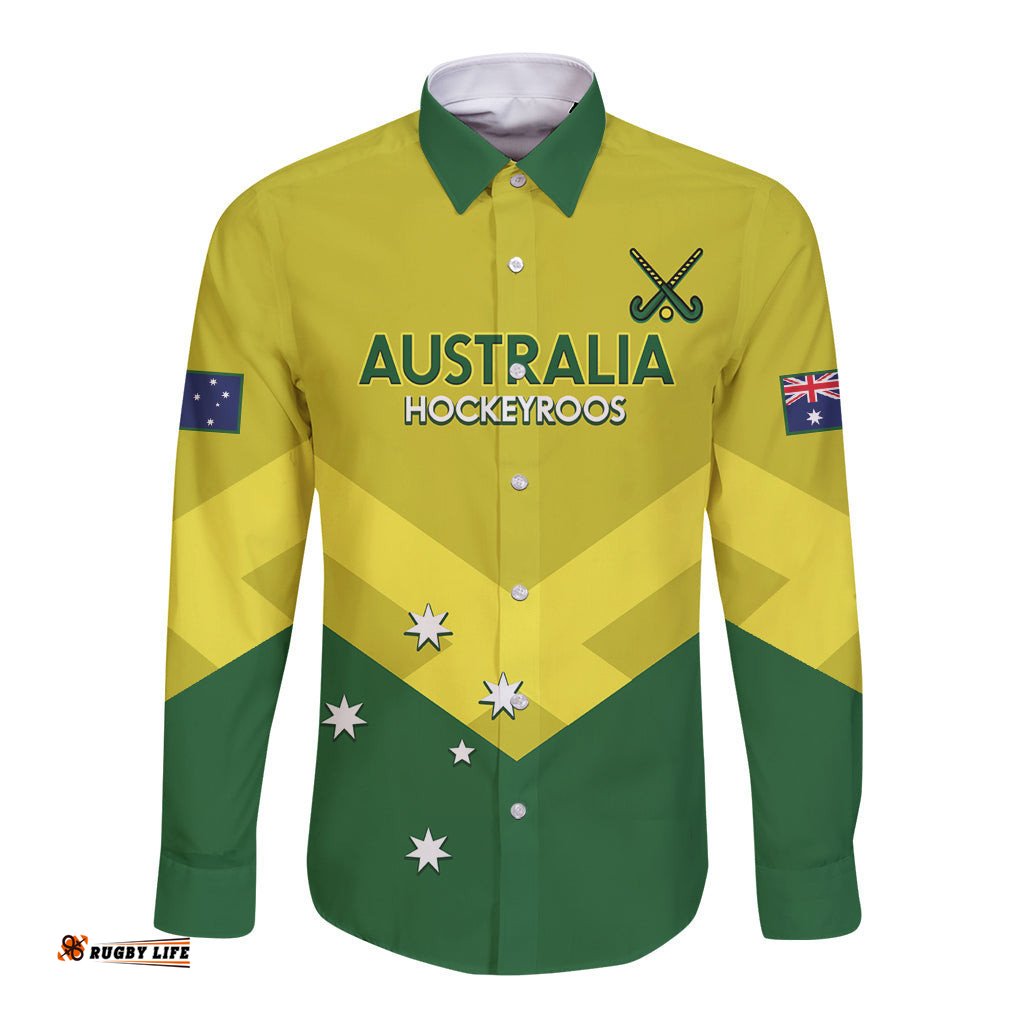 Custom Australia Field Hockey Long Sleeve Button Shirt Go Champions Hockeyroos National Color