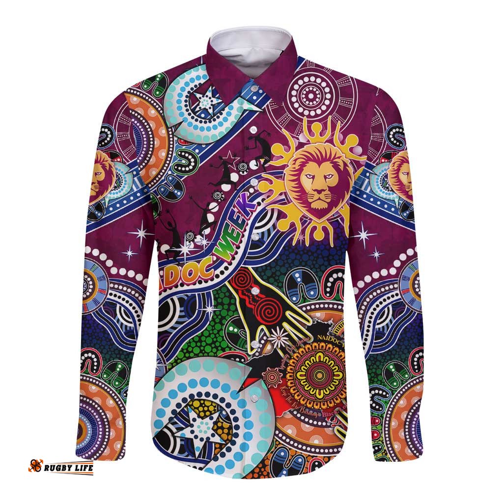 Custom NAIDOC Week 2024 Brisbane Lions Long Sleeve Button Shirt Australia Aboriginal Dot Painting