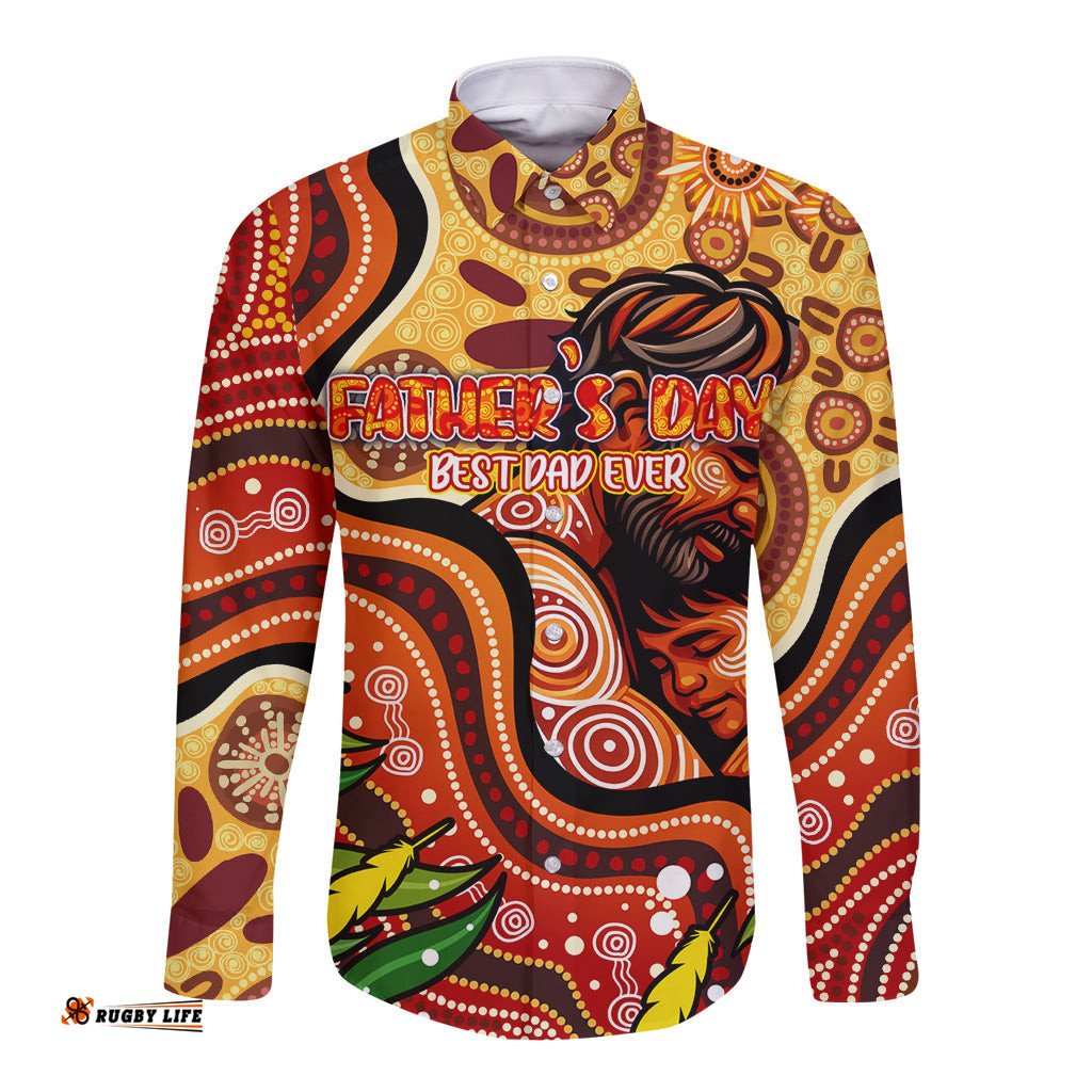 Custom Father's Day Australia Long Sleeve Button Shirt Best Dad Ever Aboriginal Art