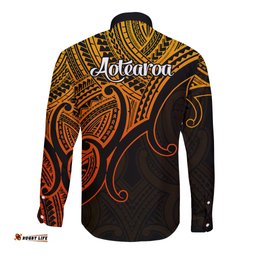 Aotearoa Maori Koru Long Sleeve Button Shirt Polynesian Pacific Tribal Gold