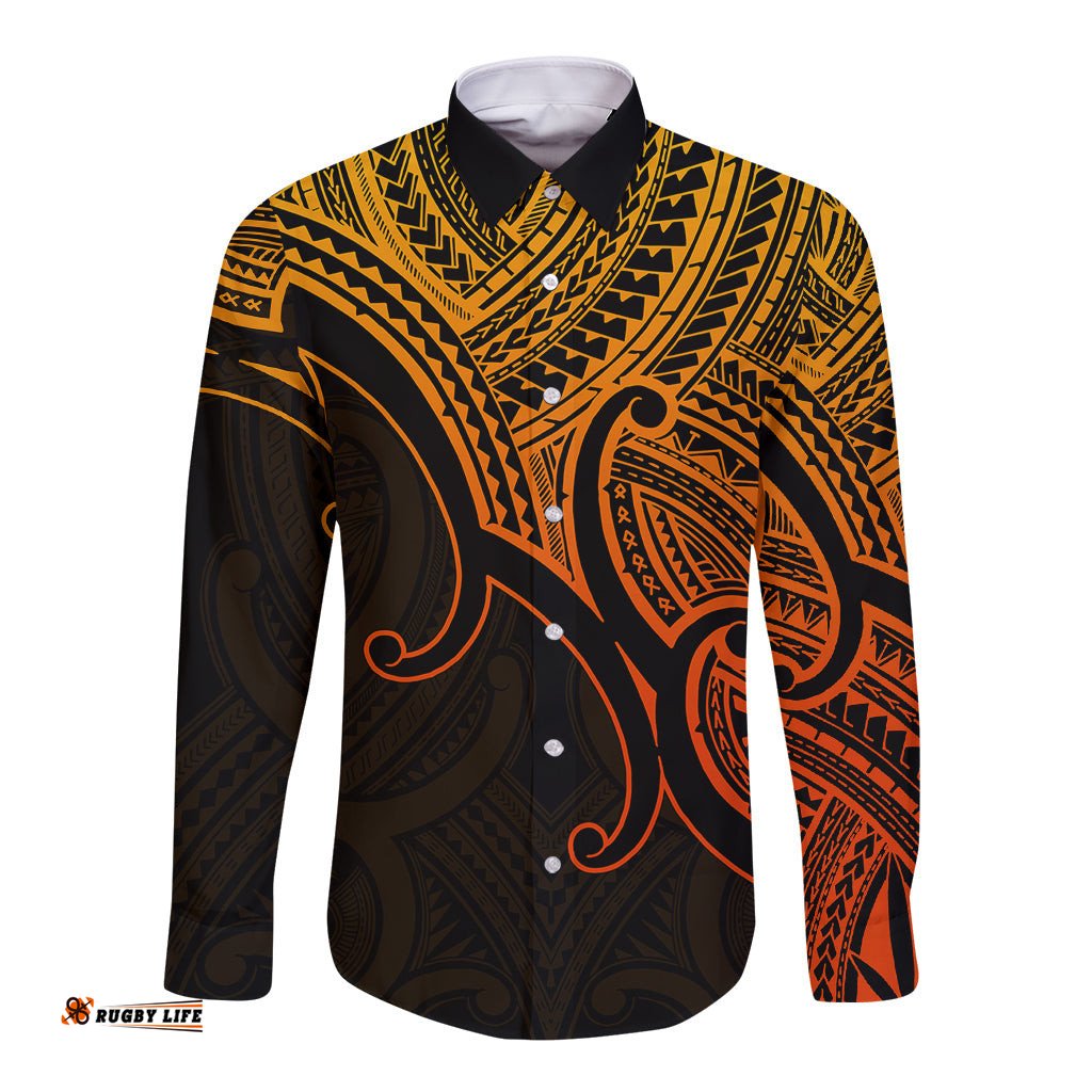 Aotearoa Maori Koru Long Sleeve Button Shirt Polynesian Pacific Tribal Gold