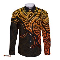 Aotearoa Maori Koru Long Sleeve Button Shirt Polynesian Pacific Tribal Gold