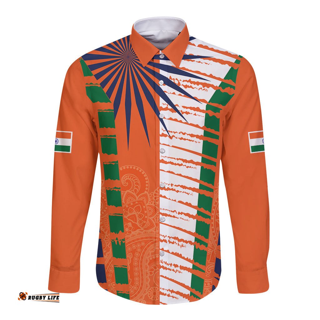 Personalised India Long Sleeve Button Shirt Raising Sun Indian Pattern Mandala Murals