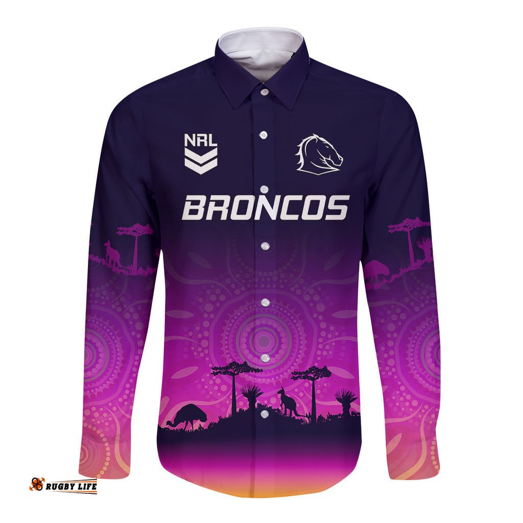 Custom NRL Broncos Long Sleeve Button Shirt The Starry Night Indigenous Aboriginal