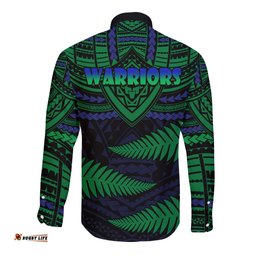 Warriors Rugby Long Sleeve Button Shirt Aotearoa Fern Polynesian Pattern