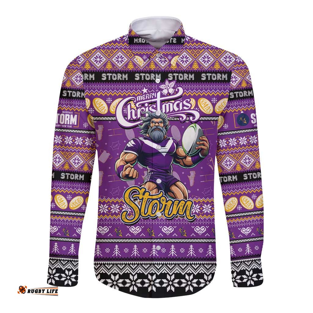 Personalized Storm Rugby Xmas Long Sleeve Button Shirt Australia NRL Mascot