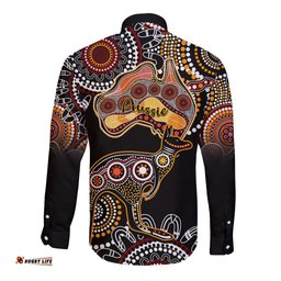 Australia Aboriginal Long Sleeve Button Shirt Australian Map With Kangaroo Indigenous Art