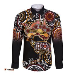 Australia Aboriginal Long Sleeve Button Shirt Australian Map With Kangaroo Indigenous Art