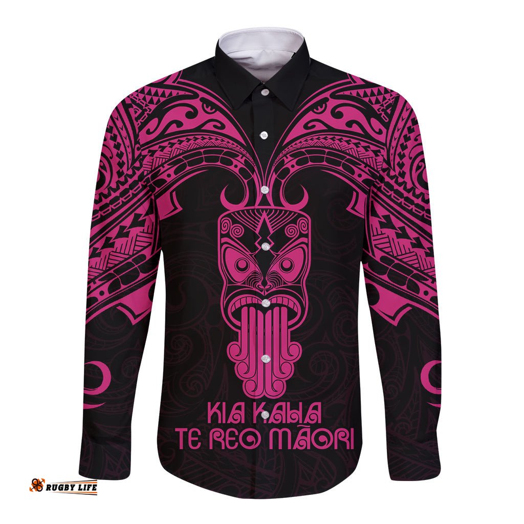 Personalised New Zealand Te Reo Maori Long Sleeve Button Shirt Kia Kaha Maori Language Week Pink Style