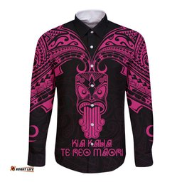 Personalised New Zealand Te Reo Maori Long Sleeve Button Shirt Kia Kaha Maori Language Week Pink Style