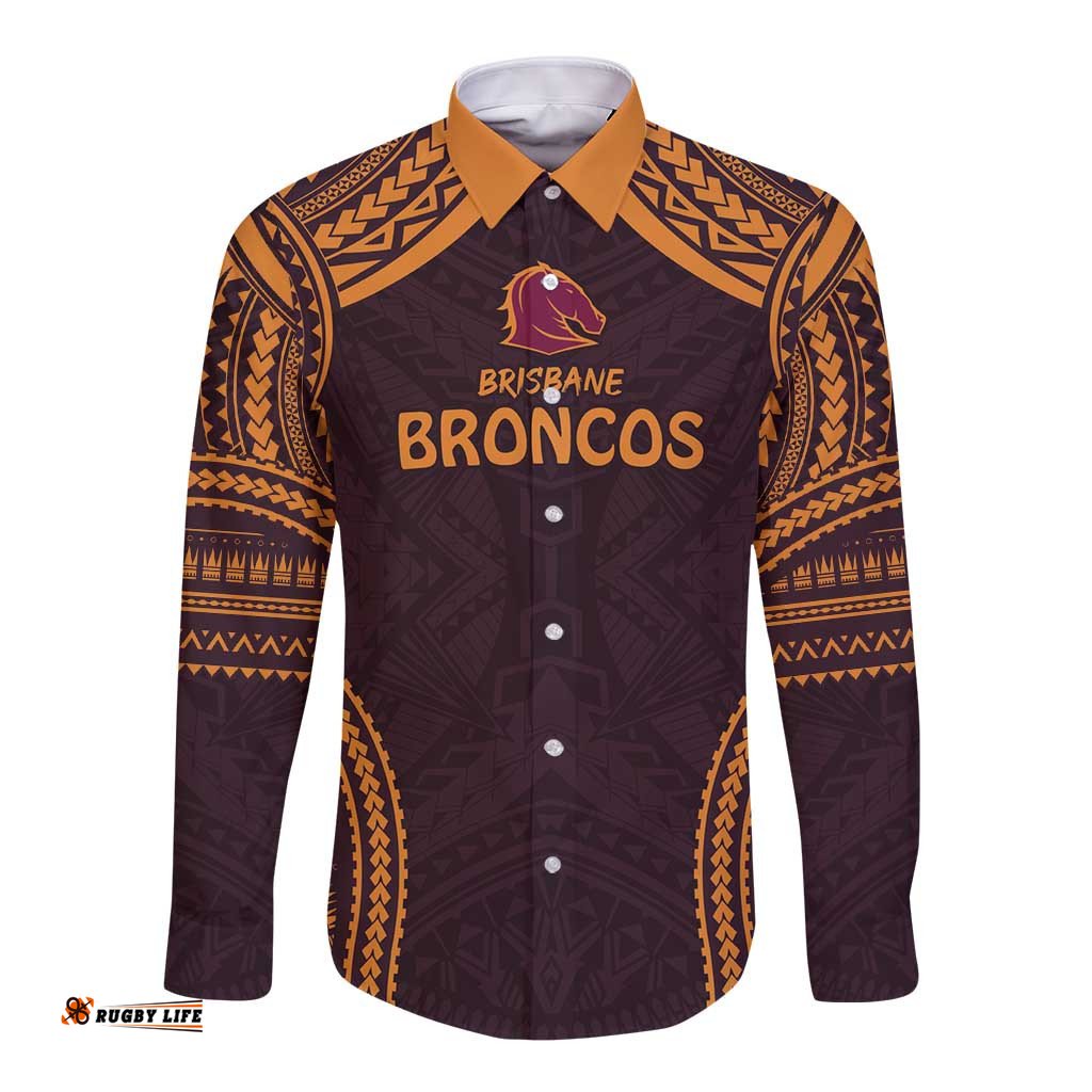 Custom Broncos Rugby Long Sleeve Button Shirt With Polynesian Style