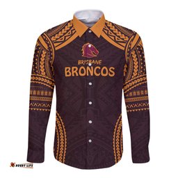 Custom Broncos Rugby Long Sleeve Button Shirt With Polynesian Style
