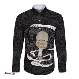 Black New Zealand Eel Long Sleeve Button Shirt Aotearoa Maori Tuna With Kotiate Weapon