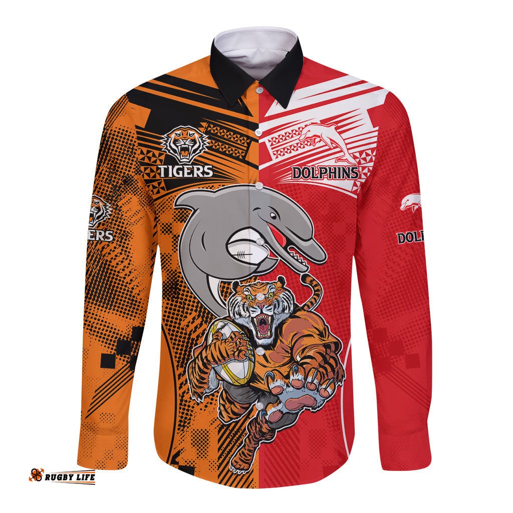 NRL Half Dolphins and Half Tigers Long Sleeve Button Shirt Sporty Style
