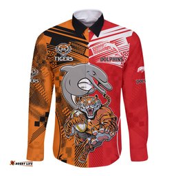 NRL Half Dolphins and Half Tigers Long Sleeve Button Shirt Sporty Style