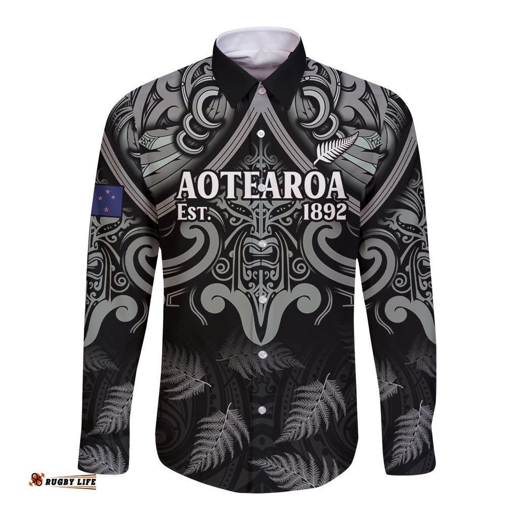 Custom New Zealand Silver Fern Rugby Long Sleeve Button Shirt All Black Since 1892 Aotearoa Moko Maori