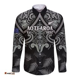 Custom New Zealand Silver Fern Rugby Long Sleeve Button Shirt All Black Since 1892 Aotearoa Moko Maori