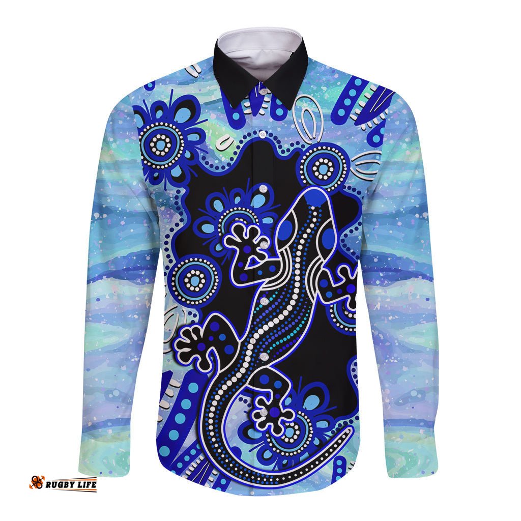 Australia Long Sleeve Button Shirt Aussie Opal Pattern With Lizard Aboriginal Art Turquoise