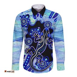 Australia Long Sleeve Button Shirt Aussie Opal Pattern With Lizard Aboriginal Art Turquoise