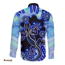 Australia Long Sleeve Button Shirt Aussie Opal Pattern With Lizard Aboriginal Art Turquoise