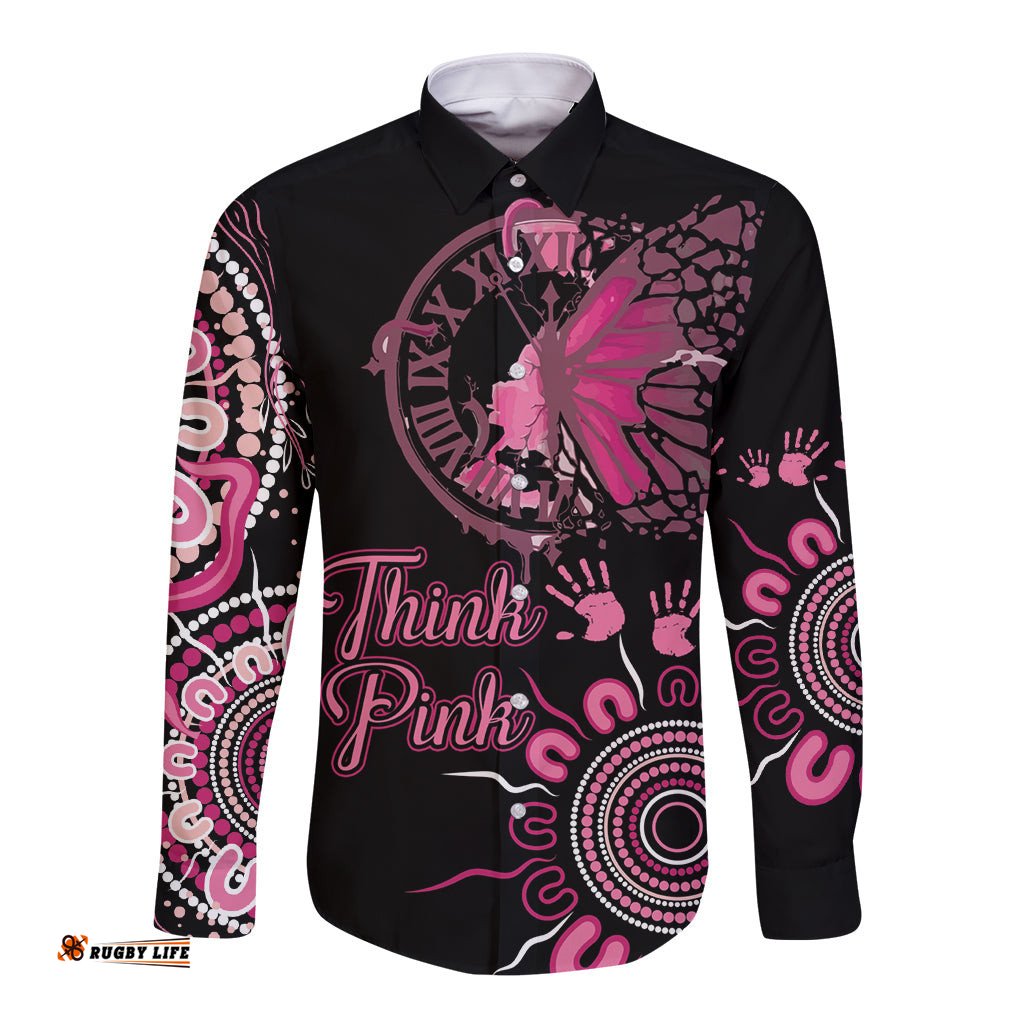 Personalised Aboriginal Ribbons Long Sleeve Button Shirt Think Pink Butterfly Art Wall Clock Breast Cancer