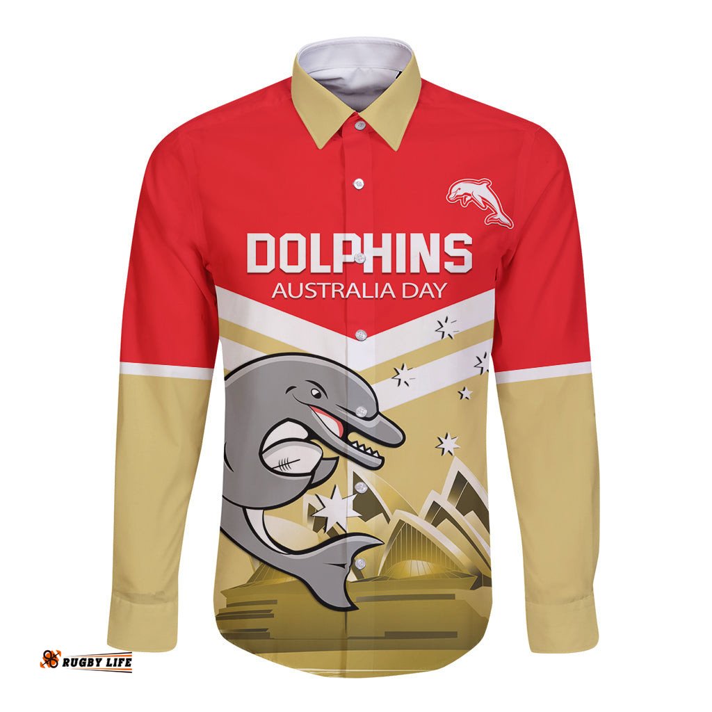 Custom Australia Day Dolphins Long Sleeve Button Shirt NRL 2024 With Sydney Opera House