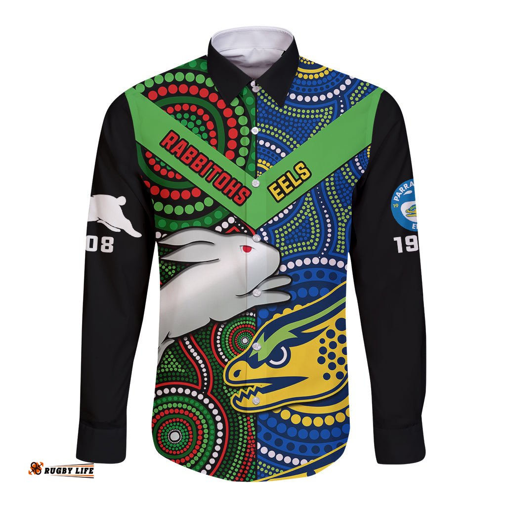 Custom Text And Number Rabbitohs Mix Eels Rugby Long Sleeve Button Shirt Souths And Parra Indigenous