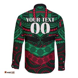 Custom Rabbitohs Rugby Long Sleeve Button Shirt Polynesian and Aboriginal Special Version