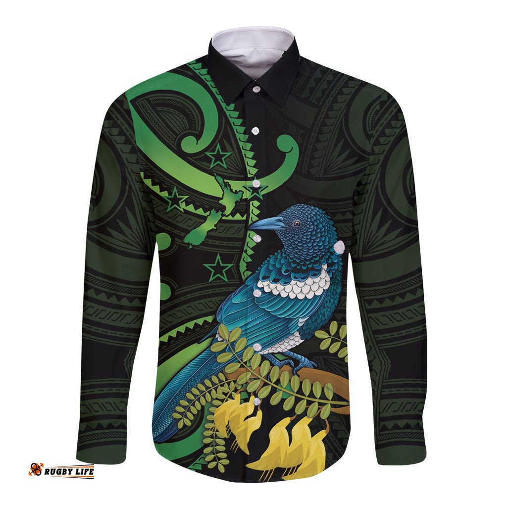New Zealand Tui Bird Long Sleeve Button Shirt Aotearoa Maori With Kowhai Flowers